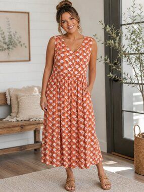 Kate Quinn Women's Tank Dress Henely L Bamboo Horse Print Coral Maxi Pocket Soft
